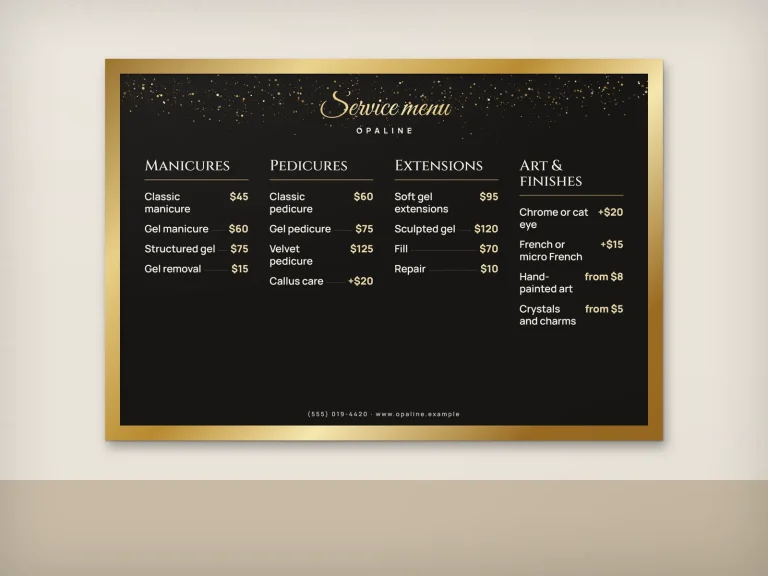 Wall menu bảng giá tiệm nail treo tường trong khung vàng