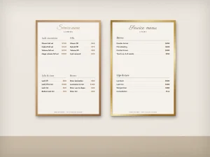Two portrait wall menus for a lash studio and a PMU clinic