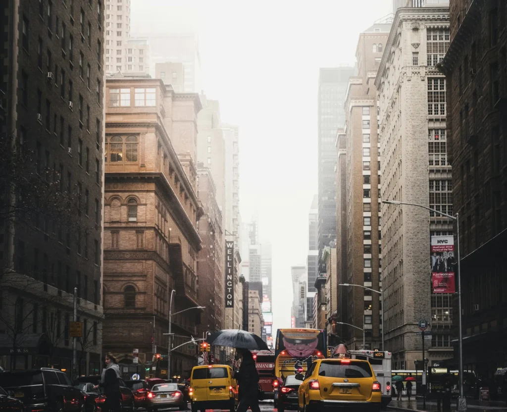 A Manhattan street in New York with yellow cabs