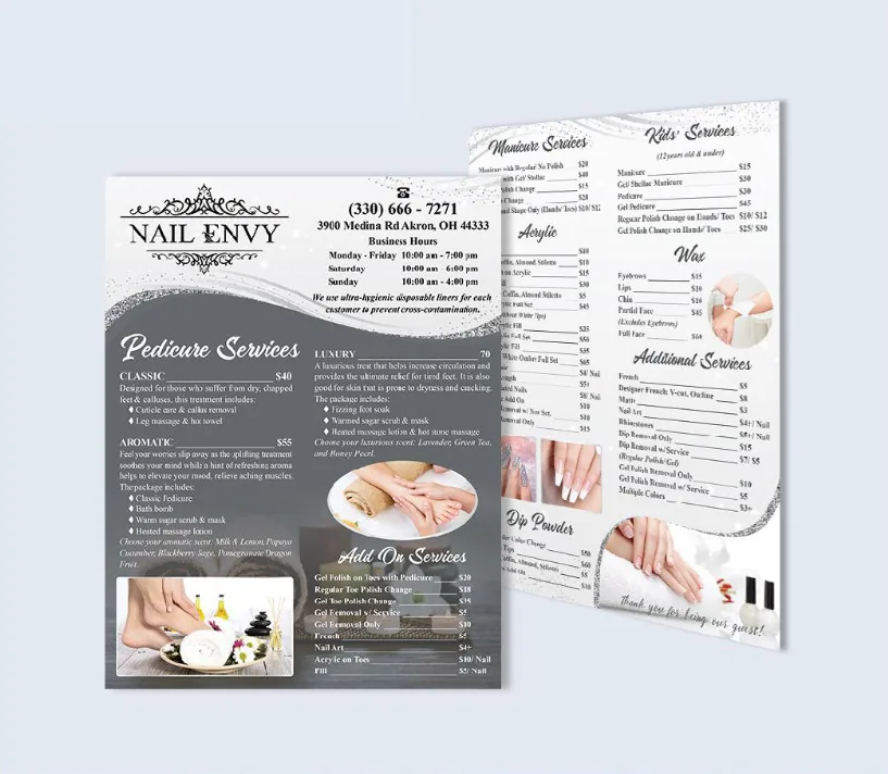 Bảng giá dịch vụ 2 trang cho tiệm nail