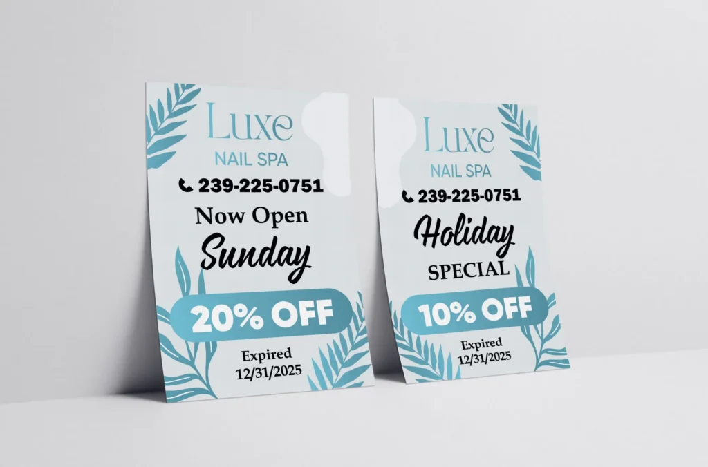 Thẻ khuyến mãi Luxe Nail Spa: mở cửa Chủ Nhật, giảm 20%