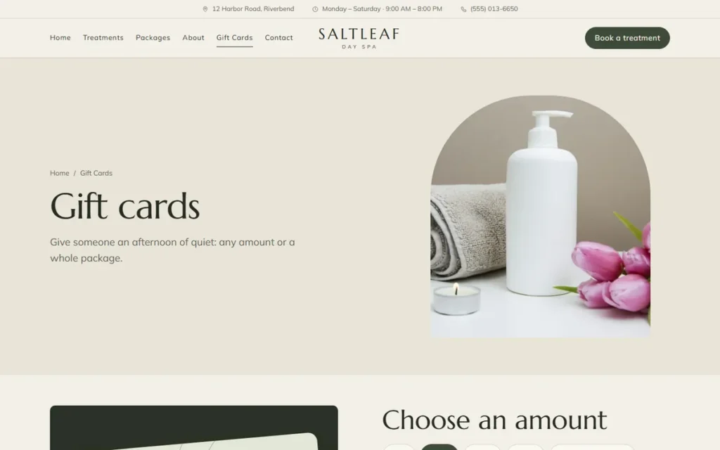 Trang gift card trên website giúp khách mua quà trong mùa khuyến mãi spa