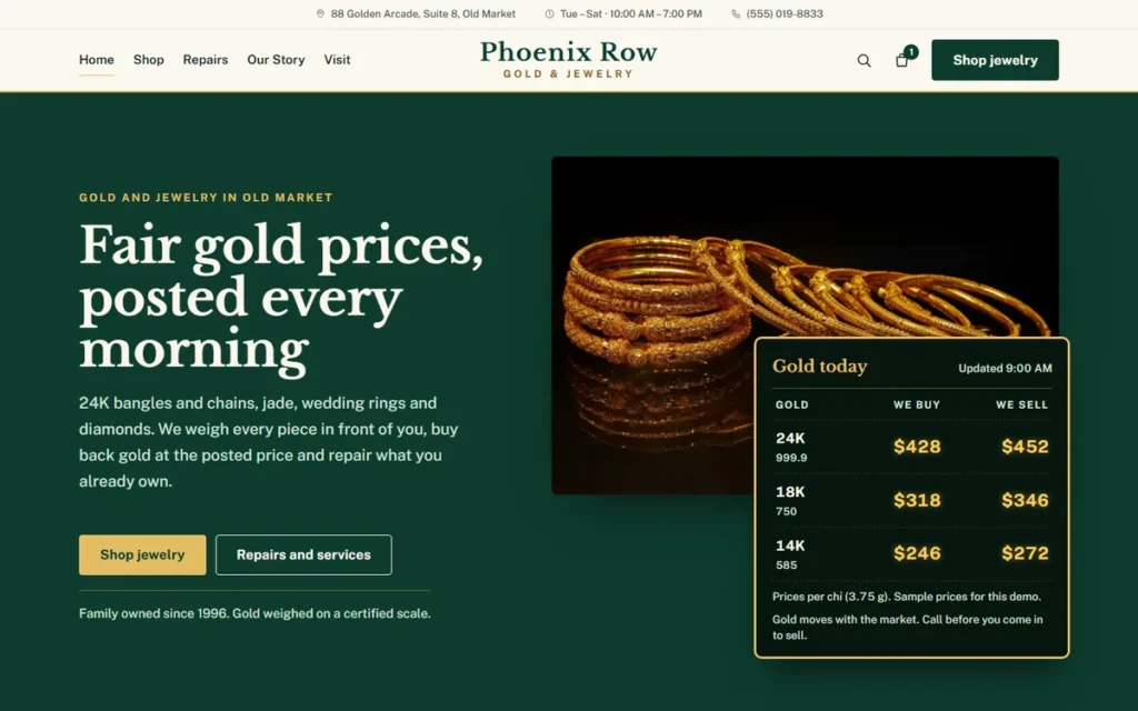 Home page of the demo website (desktop)