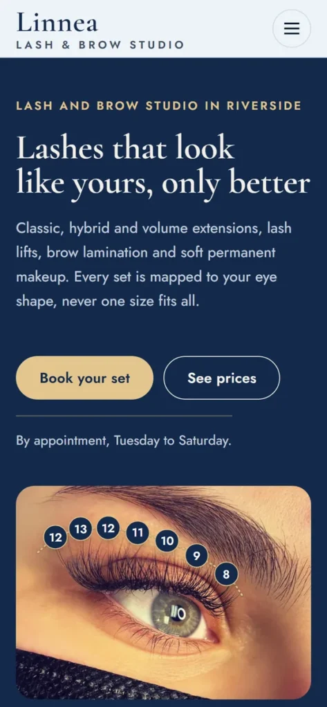 Lash studio website demo on a phone, part of a published website package