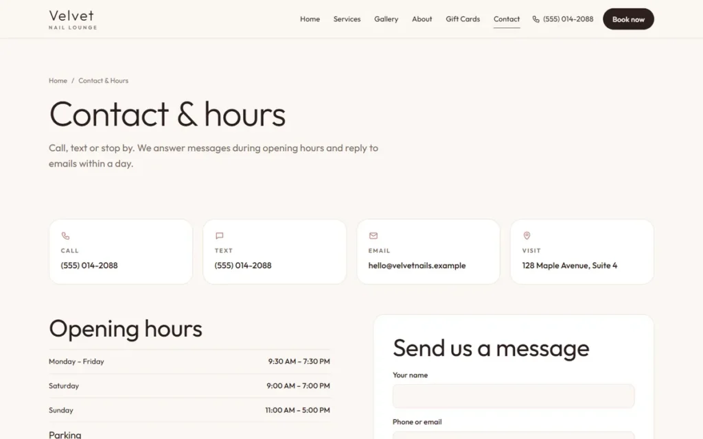 Website design for small business: a contact page with address, hours and a map