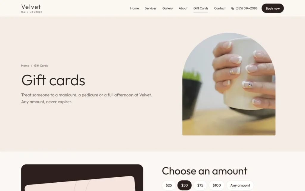 Gift card page on a salon website, a feature that changes the website cost