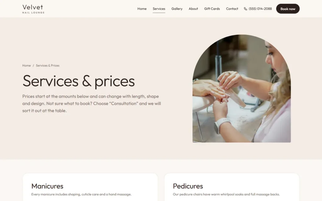 Thiết kế website cho việc marketing: trang dịch vụ và bảng giá của tiệm nail