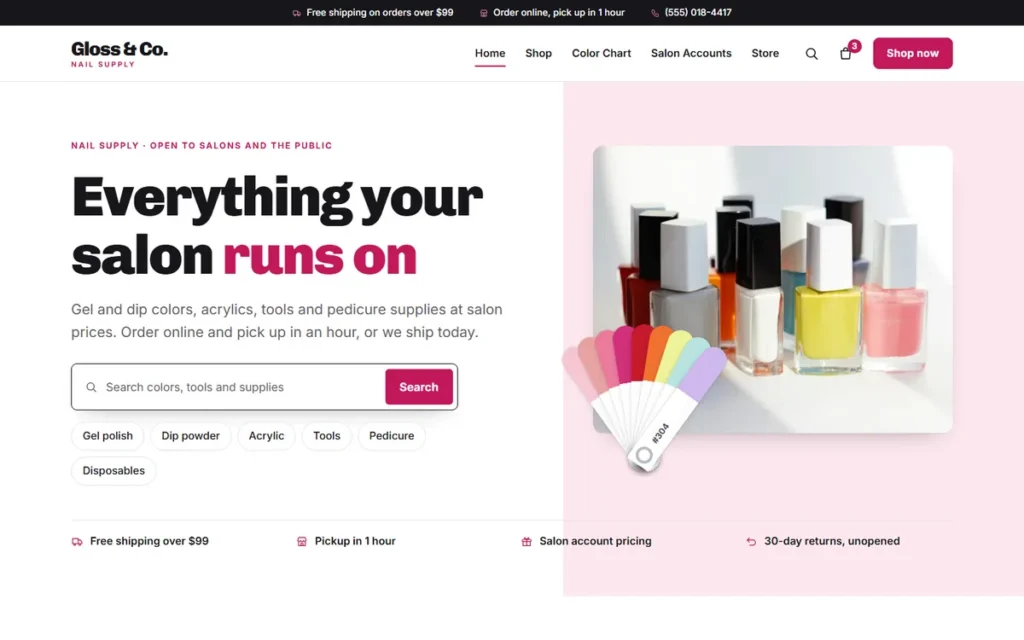 Home page of the demo website (desktop)