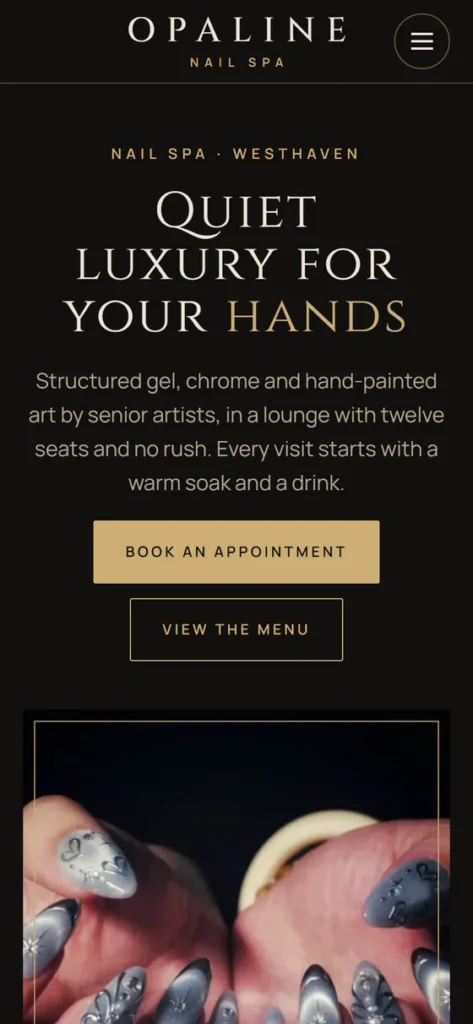 A nail salon website on a phone: short menu, booking button and tap-to-call