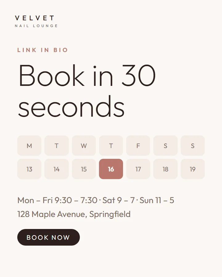 Post inviting clients to book online in 30 seconds, with a week calendar and hours