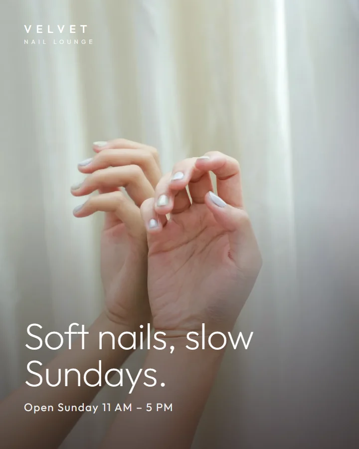 Post with a nude manicure by a white curtain and the line "Soft nails, slow Sundays"