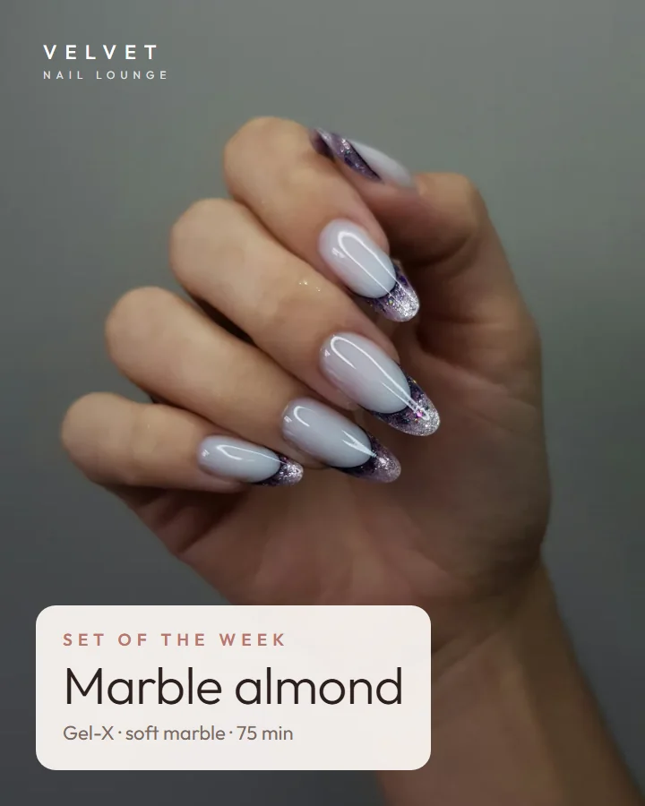 Sample "Set of the week" post for Velvet Nail Lounge: a marble almond set