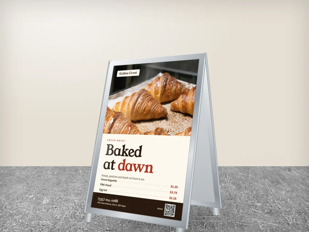 A-frame sign template AF-02 for a bakery or café: Golden Crust, croissants photo with three prices