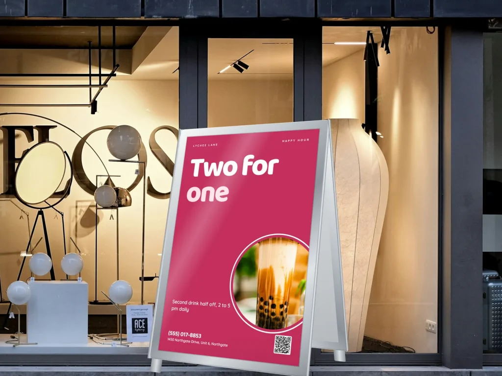 A-frame sign template AF-03 for a restaurant: Lychee Lane, big lychee pink type with brown sugar boba