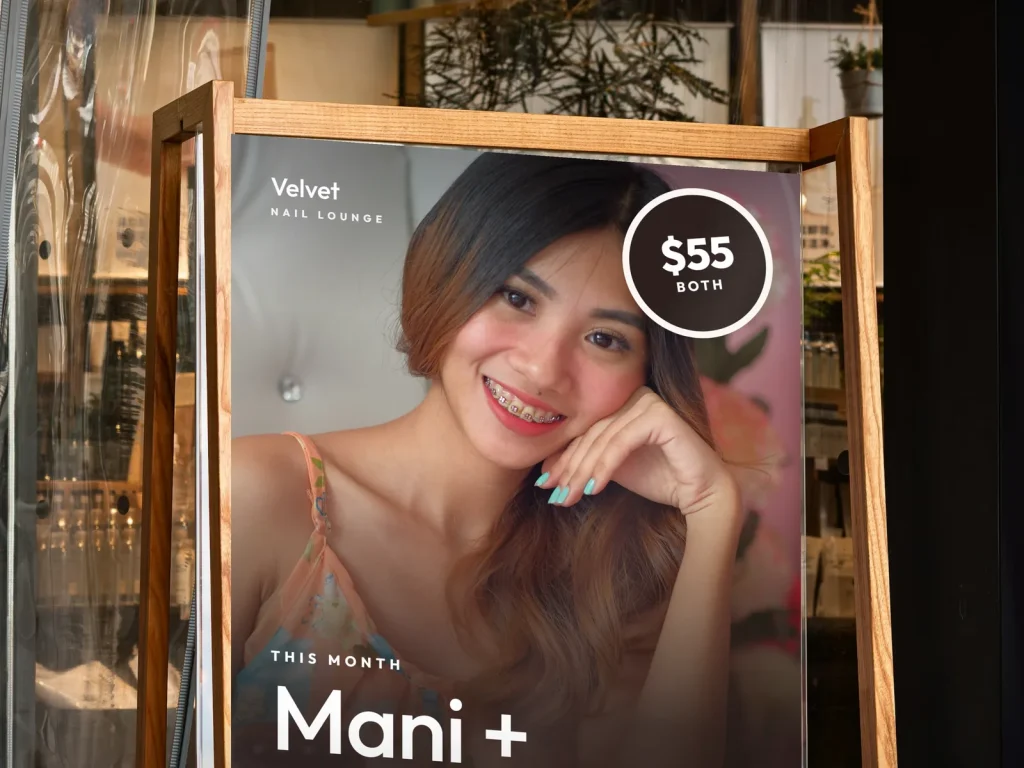 A-frame sign template AF-04 for a nail salon: Velvet, smiling client photo with a combo price