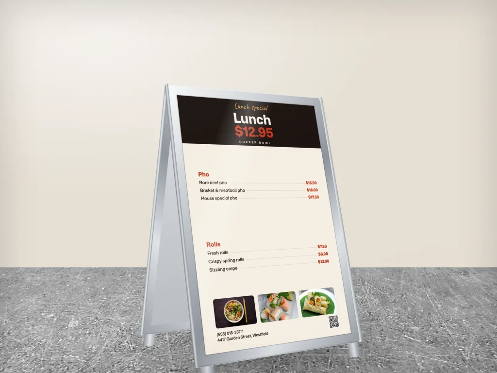 A-frame sign template AF-05 for a restaurant: Copper Bowl, lunch menu with three dish photos