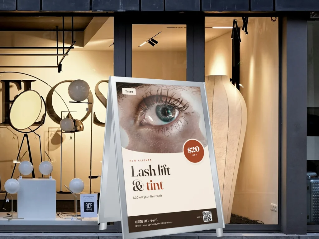 A-frame sign template AF-06 for a lash and brow studio: Terra, green eye lashes photo with a lash lift offer