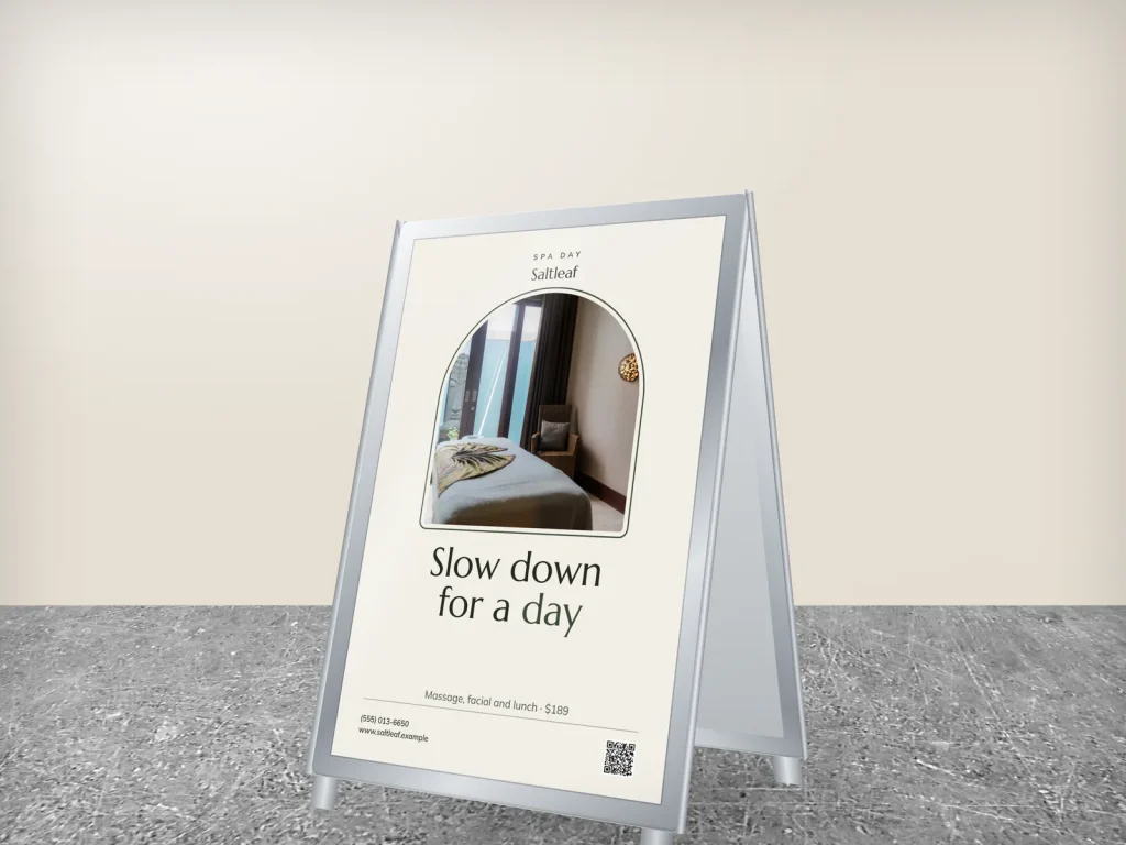 A-frame sign template AF-08 for a spa: Saltleaf, treatment room in an arch