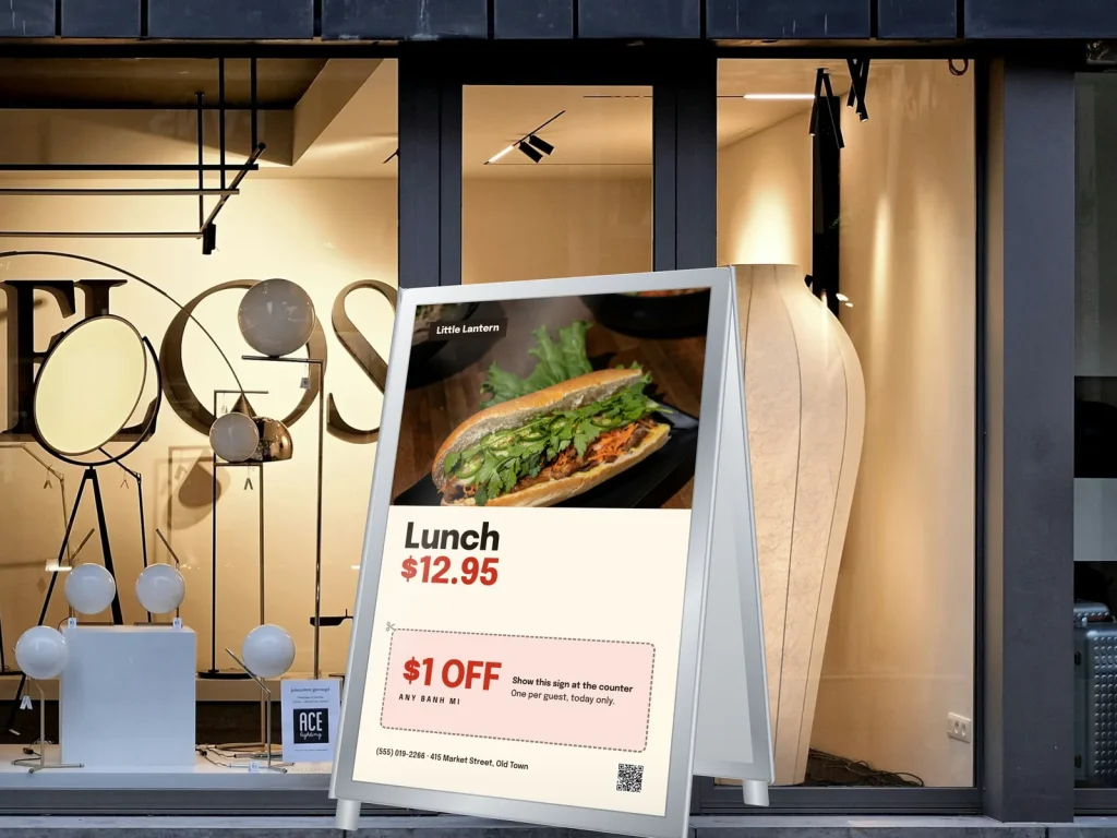 A-frame sign template AF-09 for a restaurant: Little Lantern, banh mi photo with a $1 off coupon