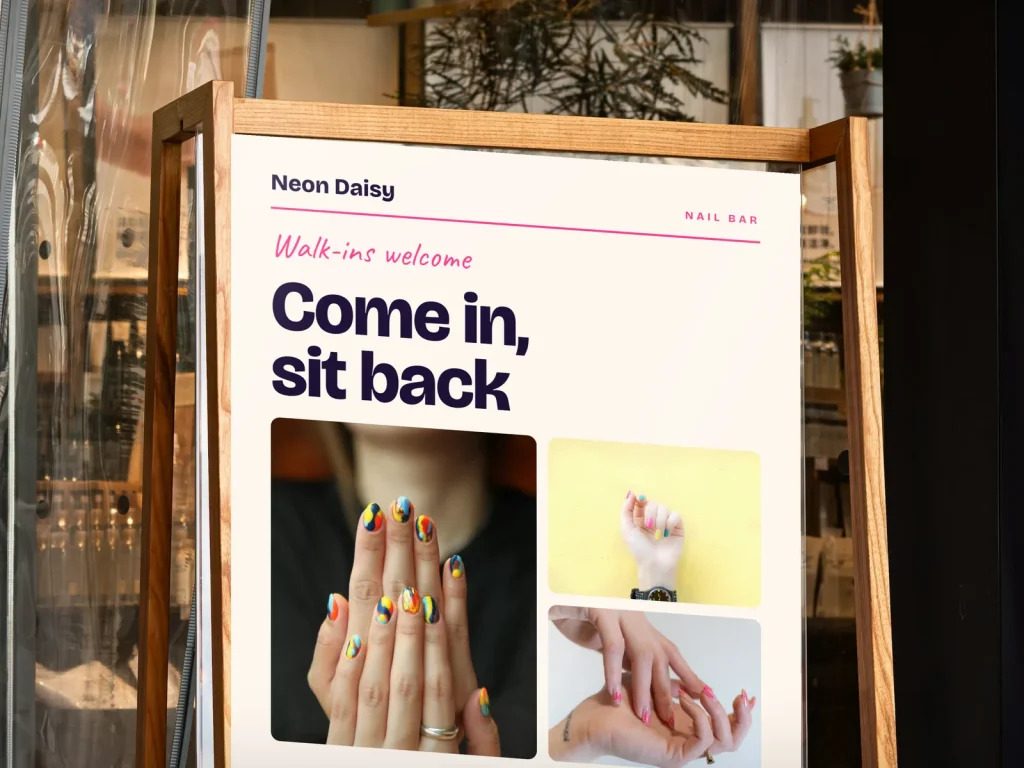 A-frame sign template AF-10 for a nail salon: Neon Daisy, three colorful nail photos inviting walk-ins