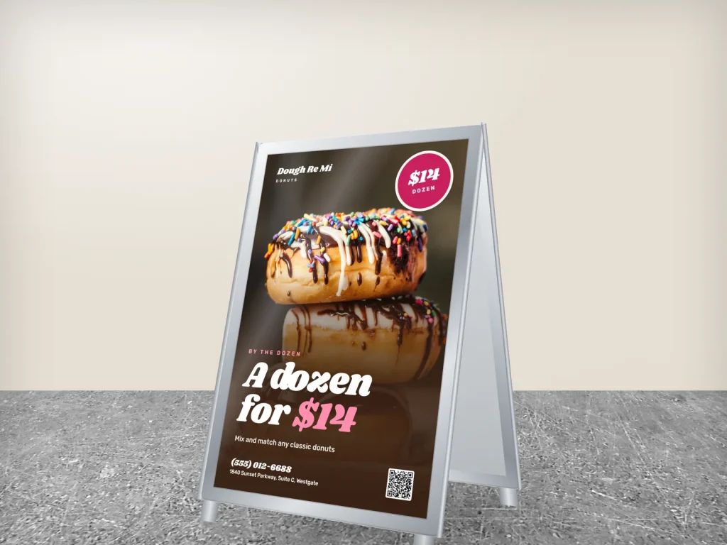 A-frame sign template AF-11 for a bakery or café: Dough Re Mi, full chocolate donut stack photo