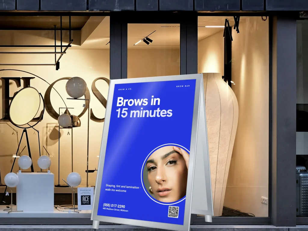 A-frame sign template AF-12 for a lash and brow studio: Brow & Co., big white type on blue with a brow photo