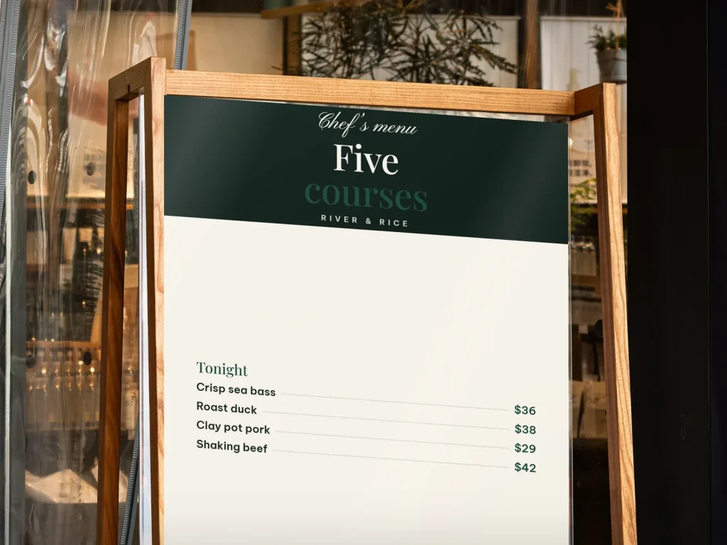 A-frame sign template AF-13 for a restaurant: River & Rice, tonight’s menu with three dish photos