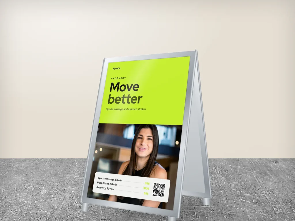 A-frame sign template AF-14 for a spa: Kinetic, lime top half with a therapist photo