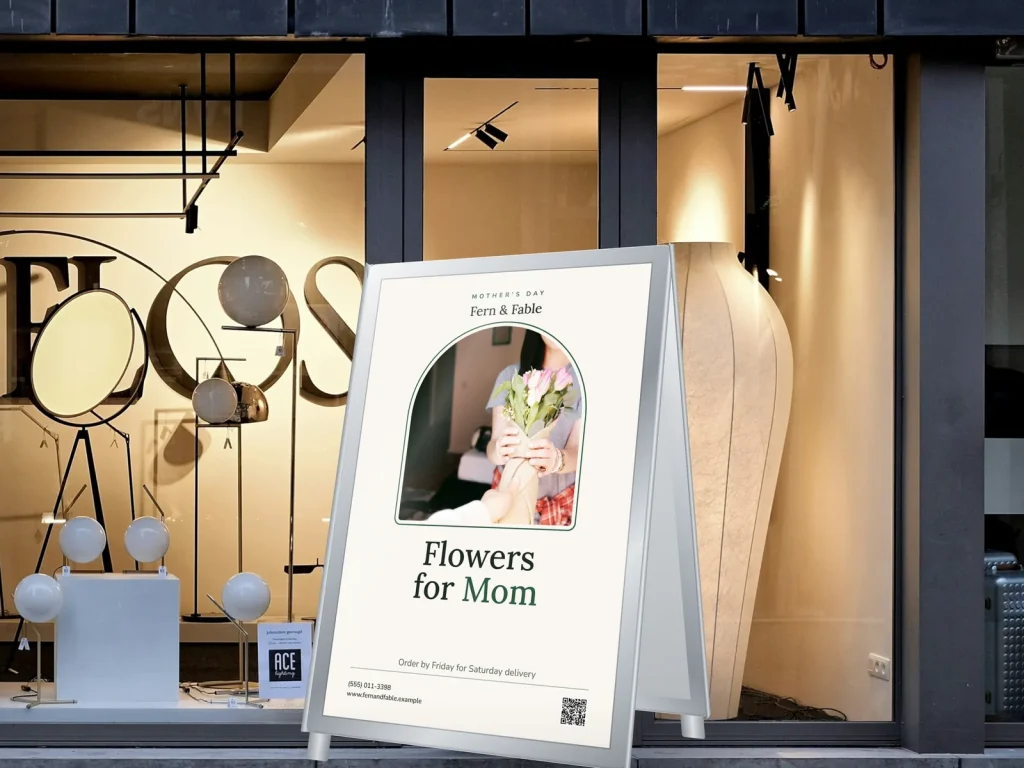 A-frame sign template AF-15 for a shop: Fern & Fable, tulip delivery photo in an arch