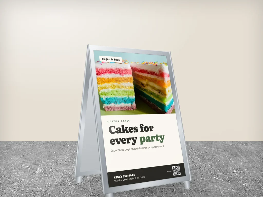 A-frame sign template AF-17 for a bakery or café: Sugar & Sage, rainbow cake slice for custom cakes