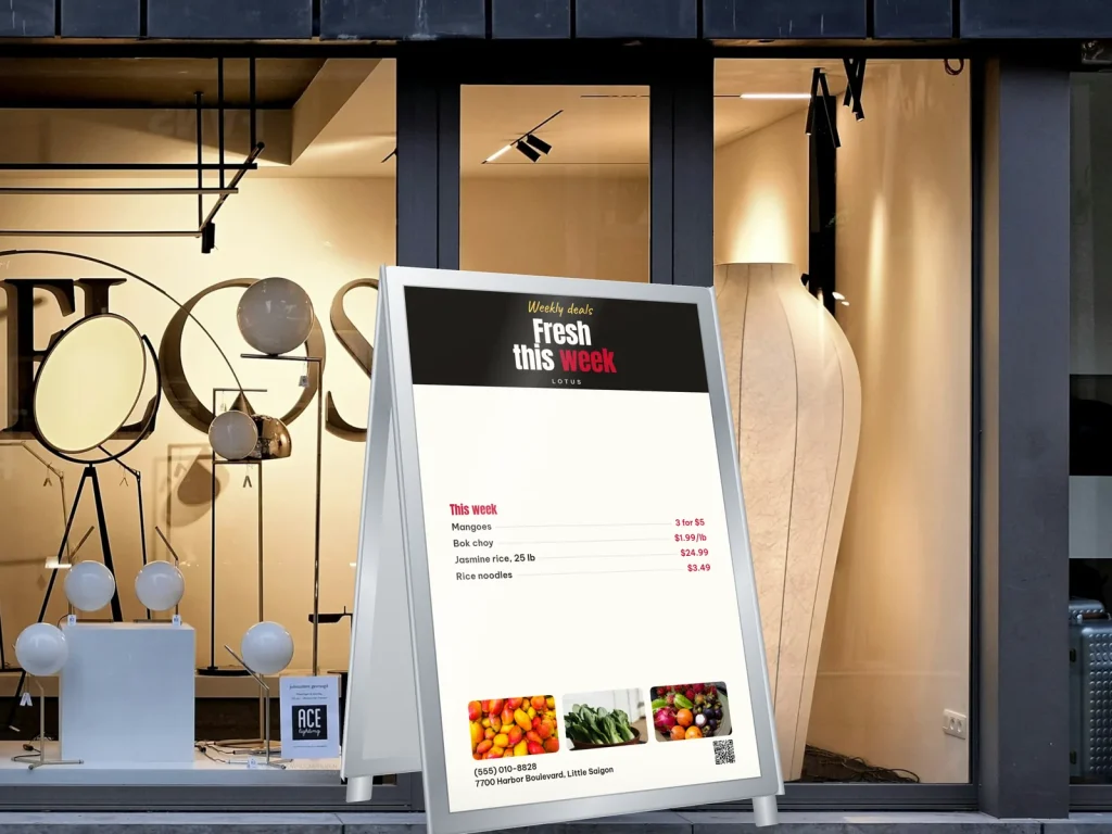 A-frame sign template AF-18 for a shop: Lotus, weekly deals with three produce photos