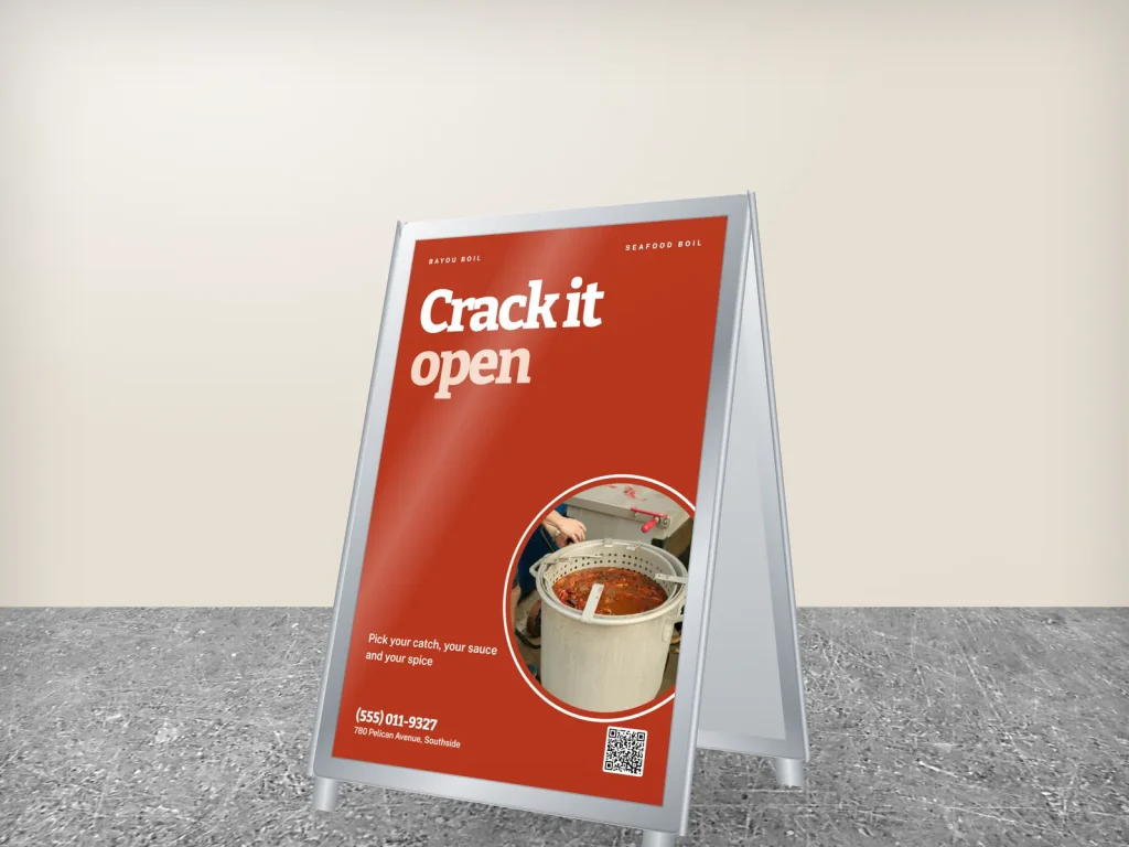 A-frame sign template AF-20 for a restaurant: Bayou Boil, big Cajun red type with a crawfish pot