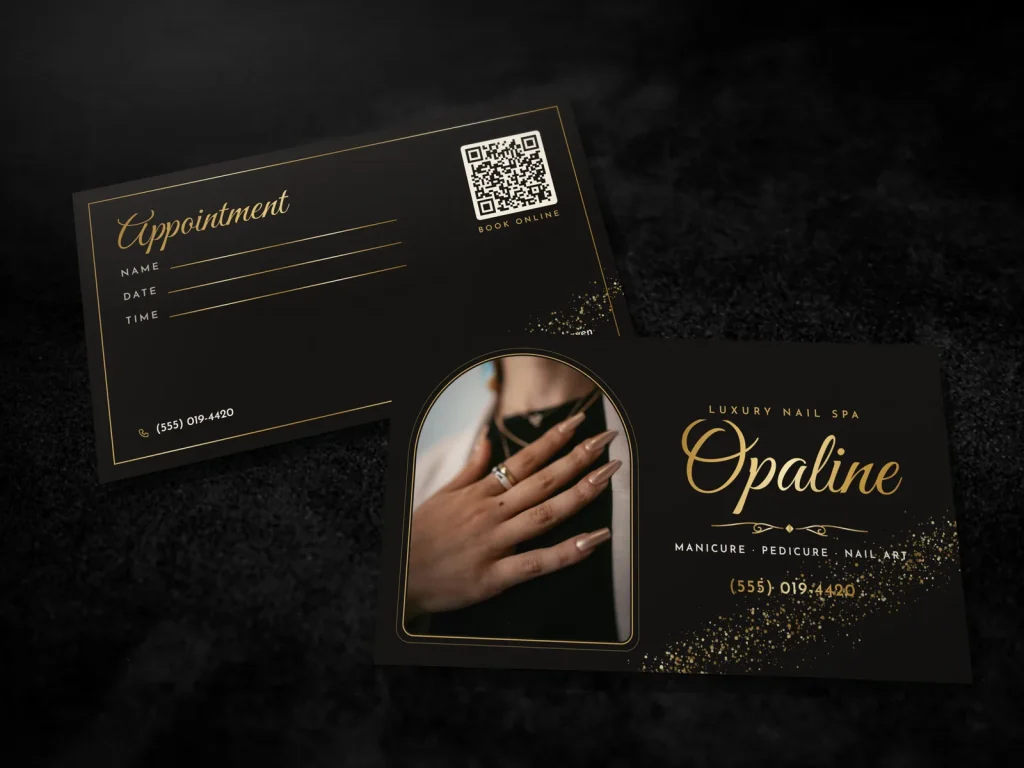 Business card template BC-01 for a nail salon: Opaline, black with gold glitter, nail photo in an arch