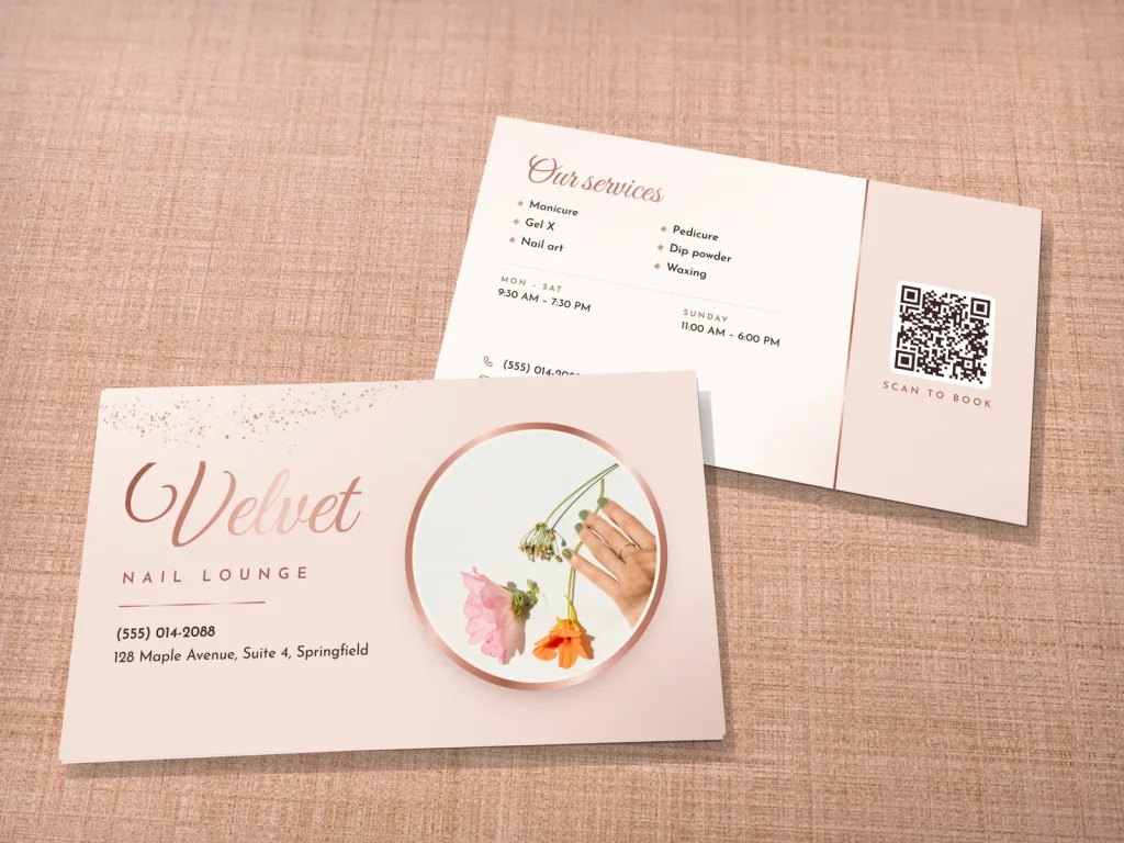 Business card template BC-02 for a nail salon: Velvet, blush pink, nail photo in a rose gold ring