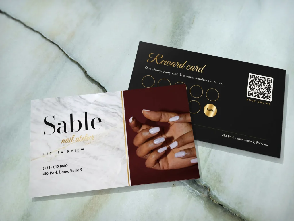 Business card template BC-03 for a nail salon: Sable, white marble, black serif type, gold edge