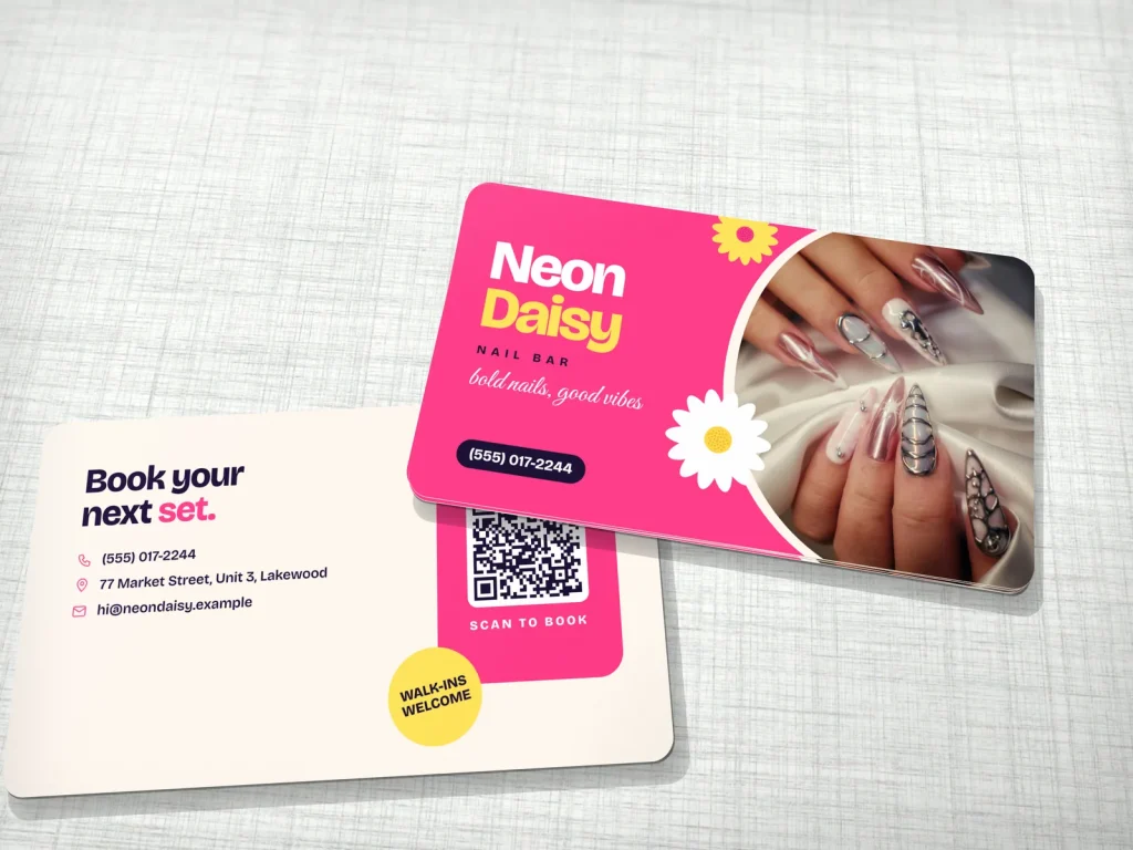 Business card template BC-04 for a nail salon: Neon Daisy, neon pink with daisies and a nail photo