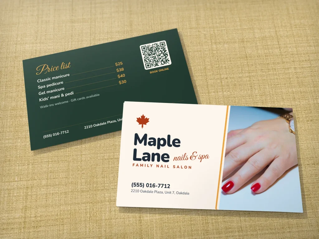 Business card template BC-05 for a nail salon: Maple Lane, cream and rust, maple leaf, red nails photo