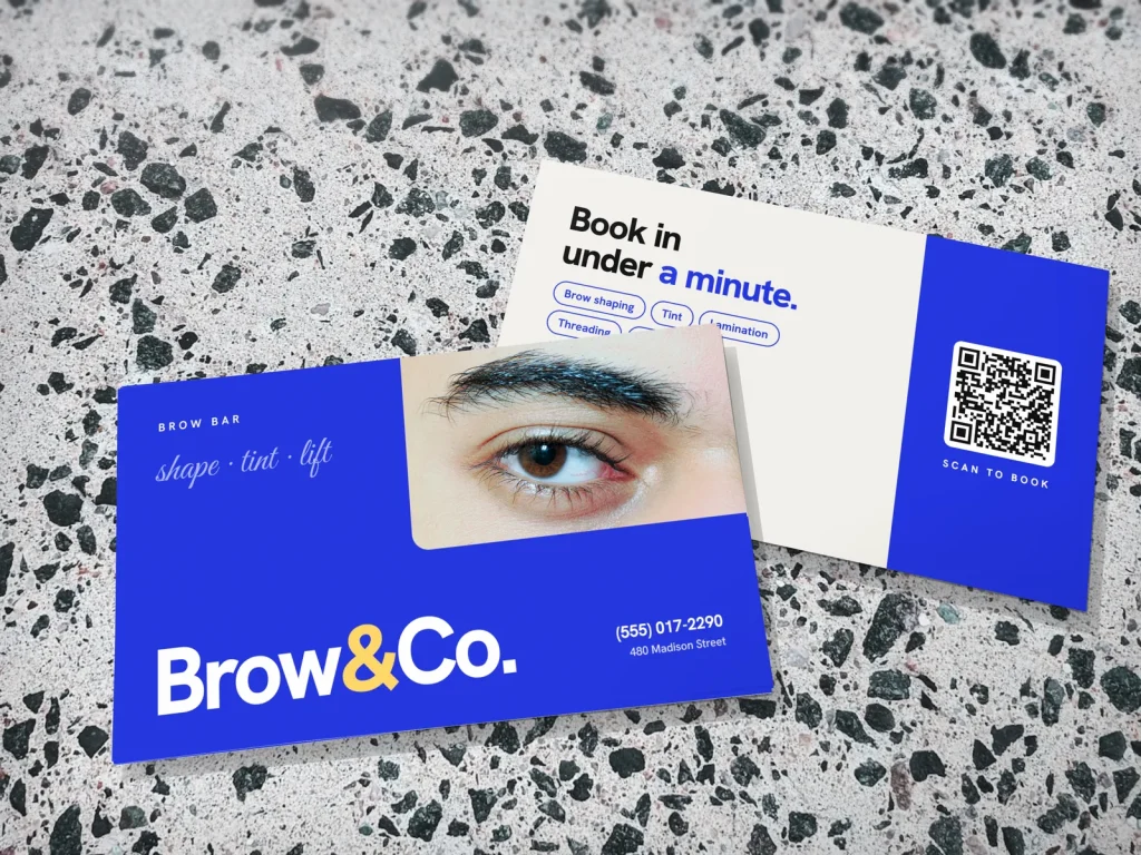 Business card template BC-07 for a lash and brow studio: Brow & Co., electric blue, big type, brow photo