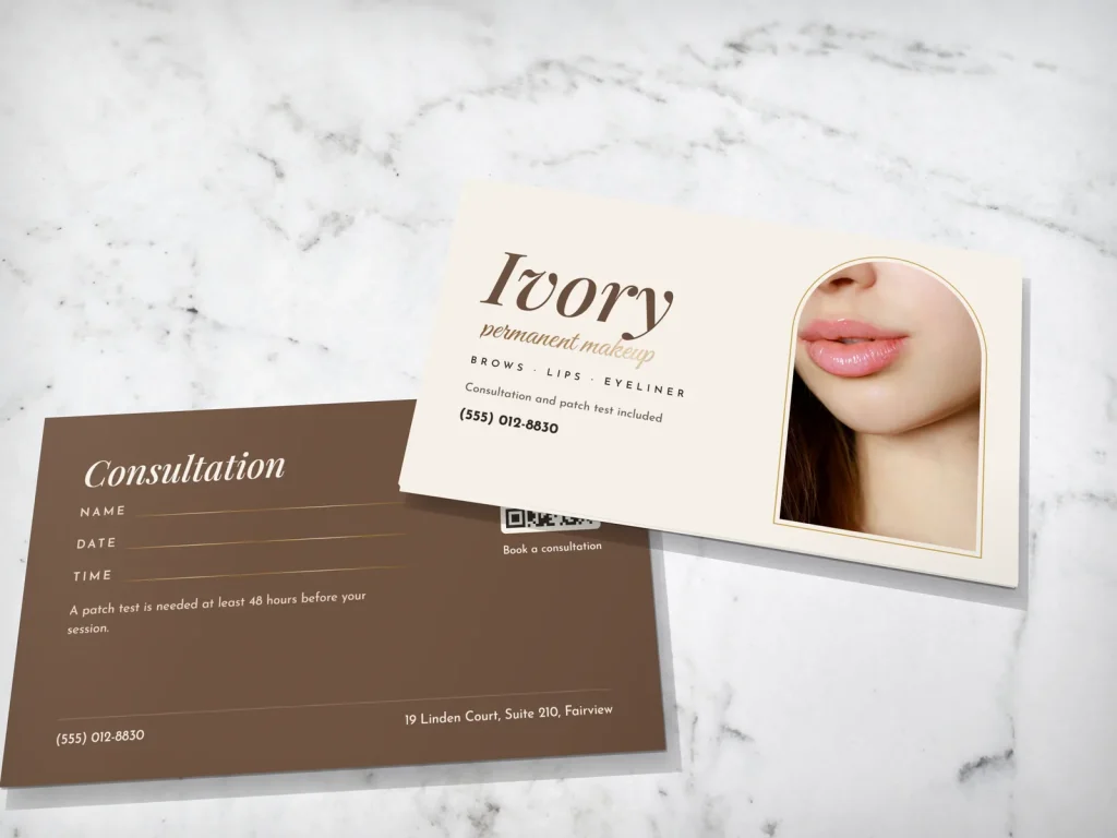 Business card template BC-08 for a lash and brow studio: Ivory, ivory and cocoa, lips photo in an arch