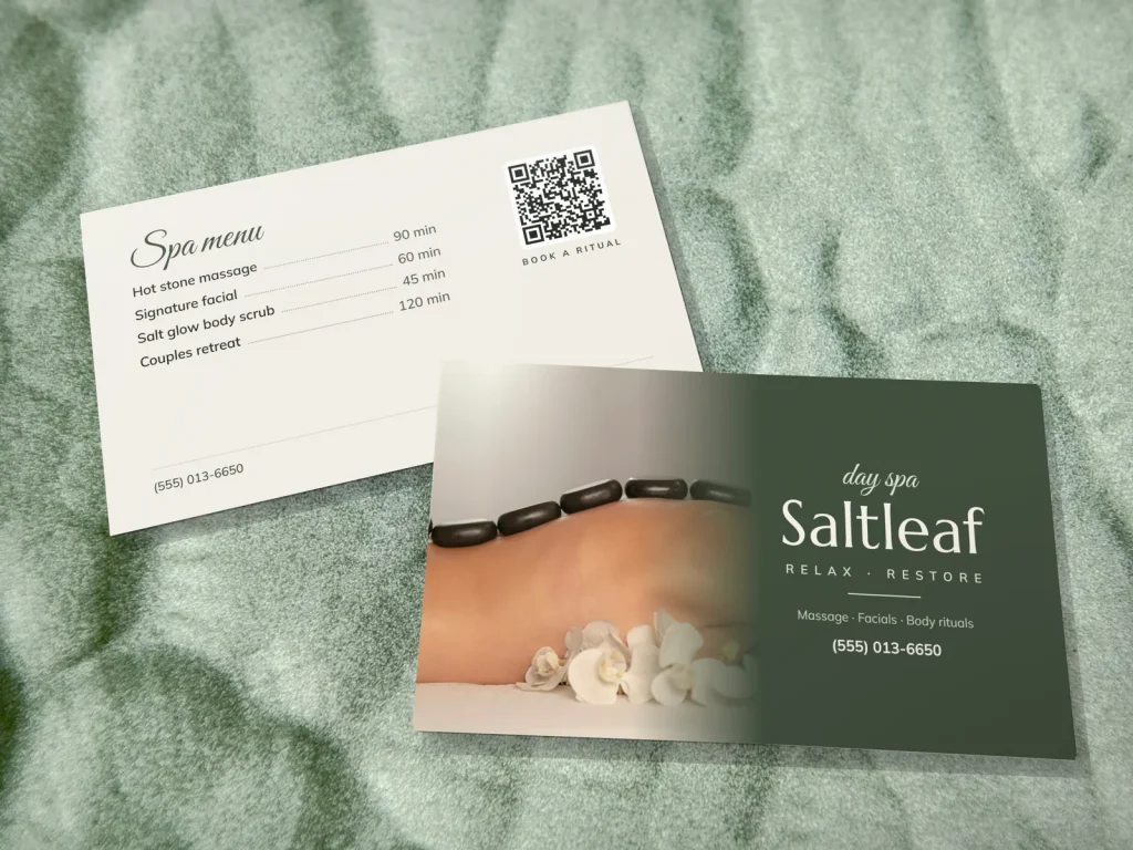 Business card template BC-09 for a spa: Saltleaf, sage green, hot stones and orchid photo
