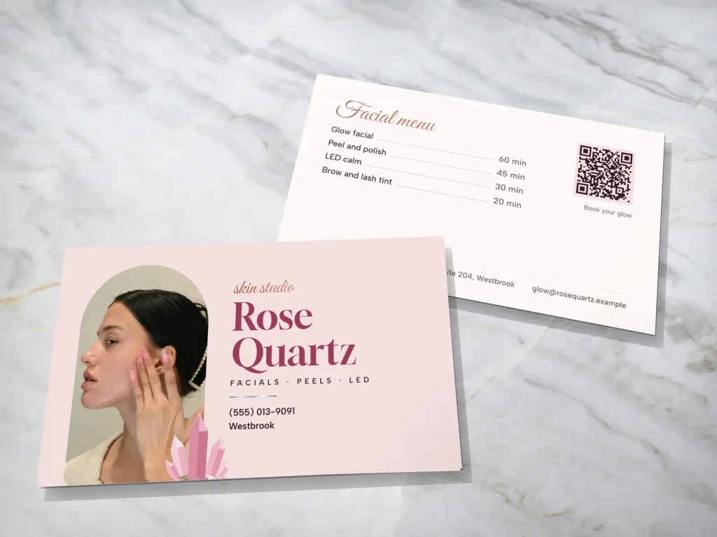 Business card template BC-10 for a spa: Rose Quartz, rose quartz, skin care photo, crystals