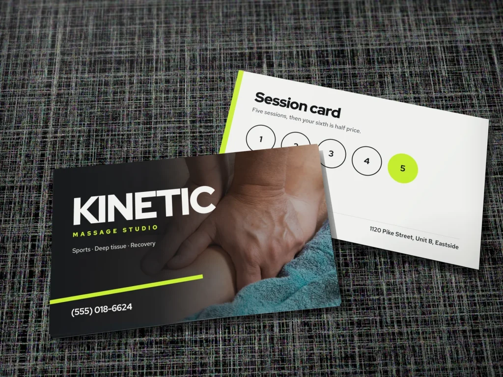 Business card template BC-11 for a spa: Kinetic, dark massage photo with a lime stripe