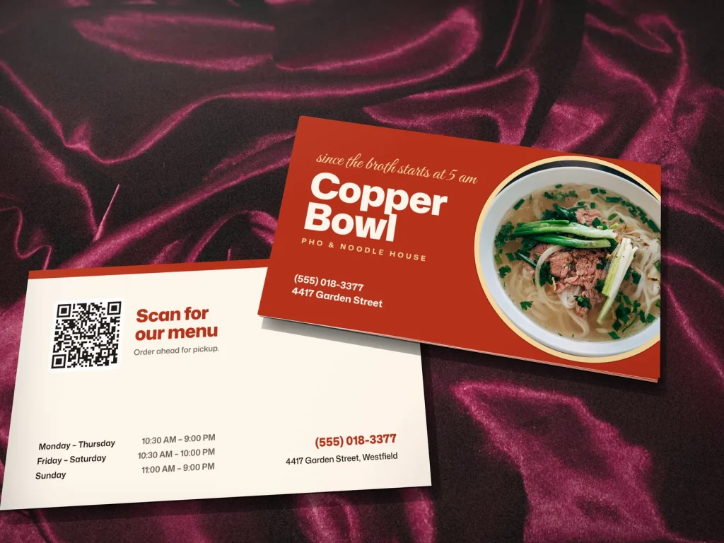Business card template BC-12 for a restaurant: Copper Bowl, red and saffron, round pho photo
