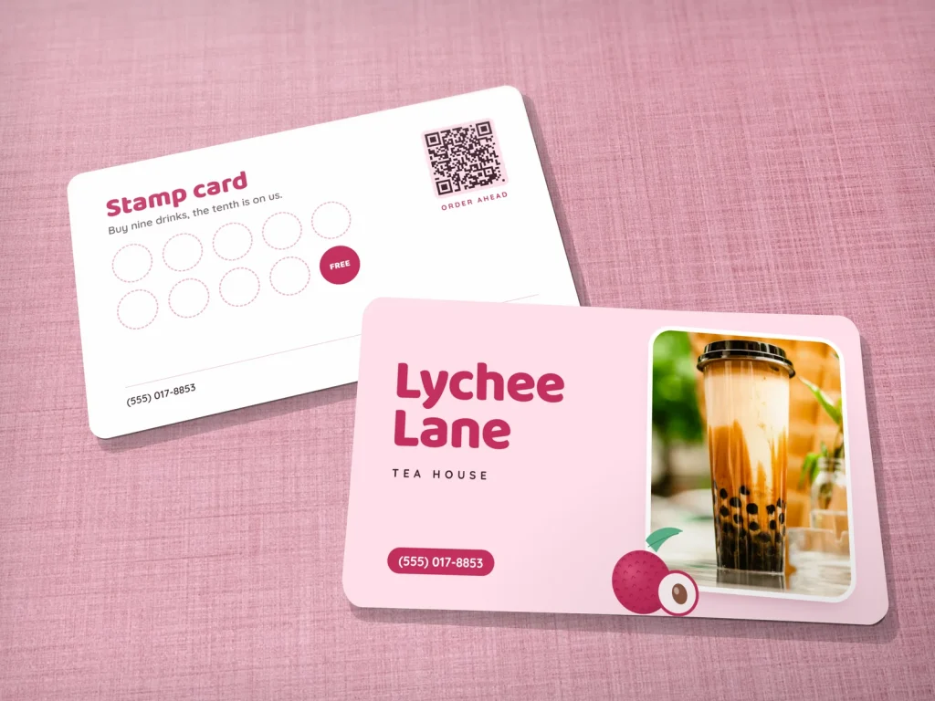 Business card template BC-13 for a restaurant: Lychee Lane, lychee pink with a bubble tea photo