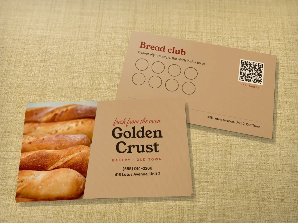 Business card template BC-14 for a bakery or café: Golden Crust, kraft paper with a bread photo