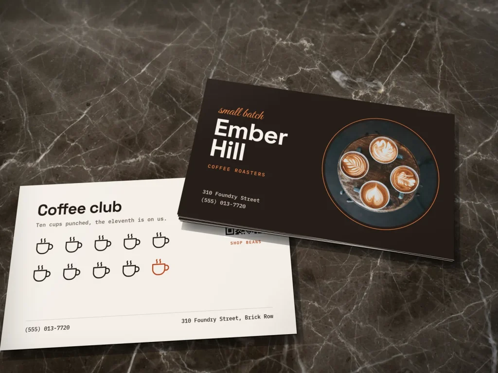Business card template BC-16 for a bakery or café: Ember Hill, roast brown, round coffee photo, orange type