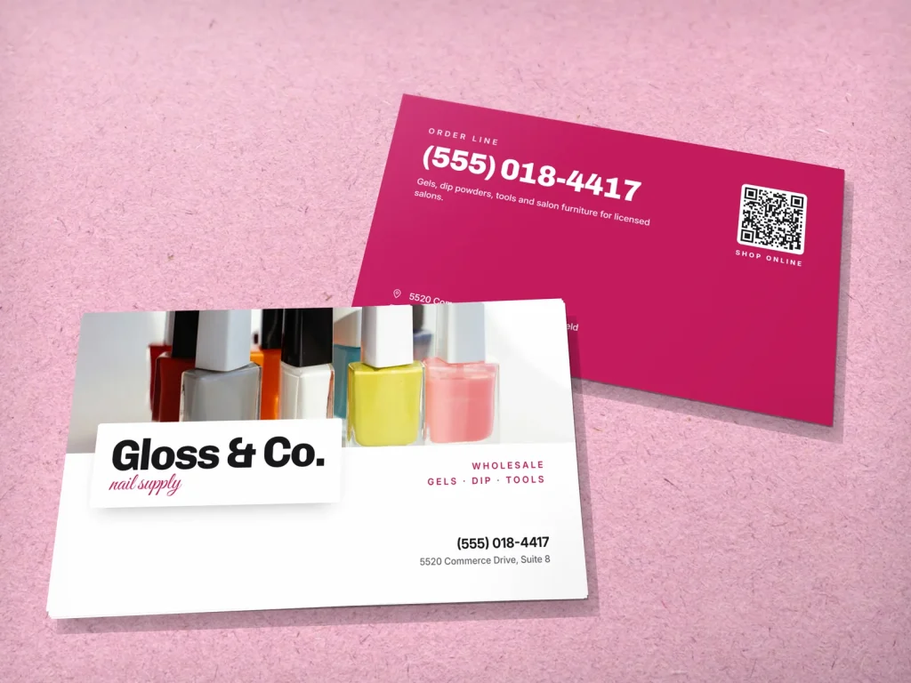 Business card template BC-18 for a shop: Gloss & Co., polish bottles photo, name on a white tab