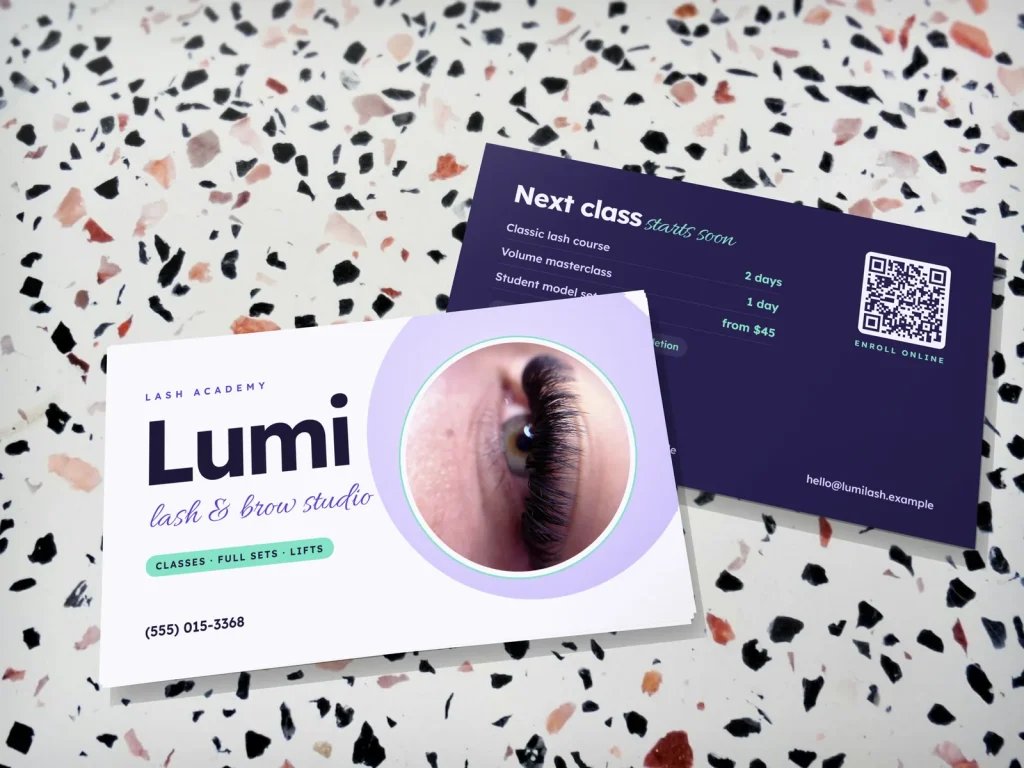 Business card template BC-19 for a lash and brow studio: Lumi, violet and mint, lash photo in a circle