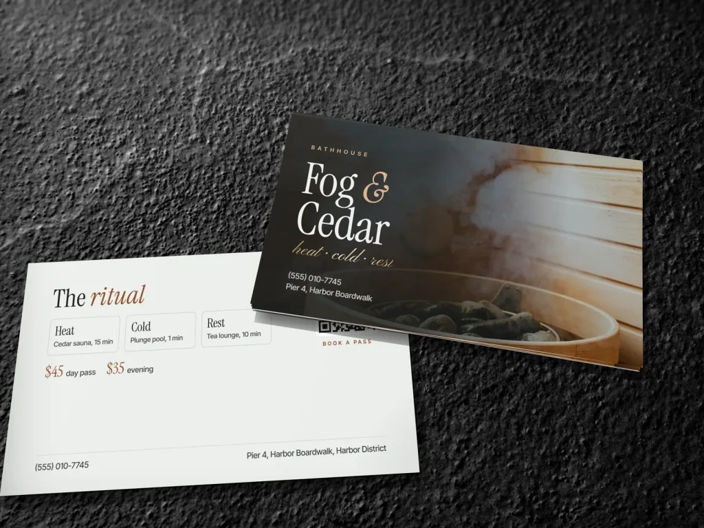 Business card template BC-20 for a spa: Fog & Cedar, dark sauna photo, serif type and cedar brown