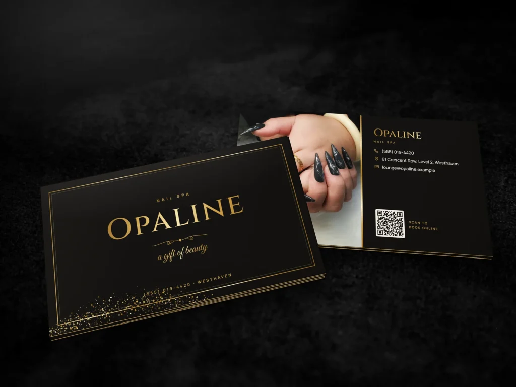 Triple-layer business card template BL-01 for a nail salon: Opaline, black ground, gold foil name in a gold frame, glitter